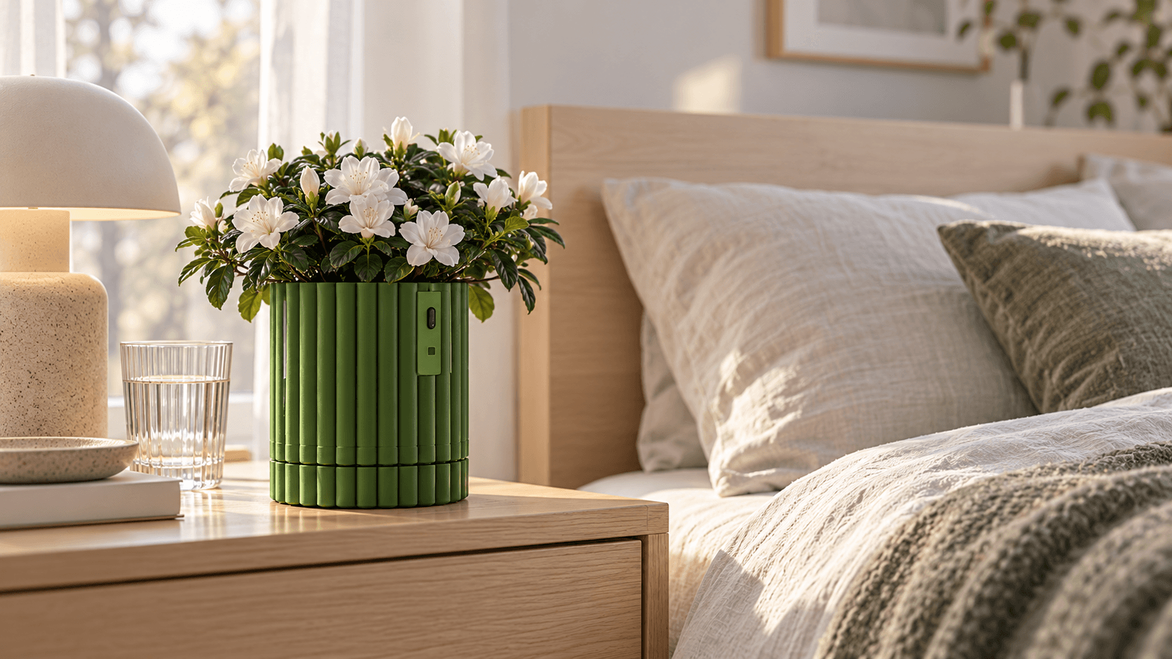 Chlora with white azaleas beside a calm bedroom