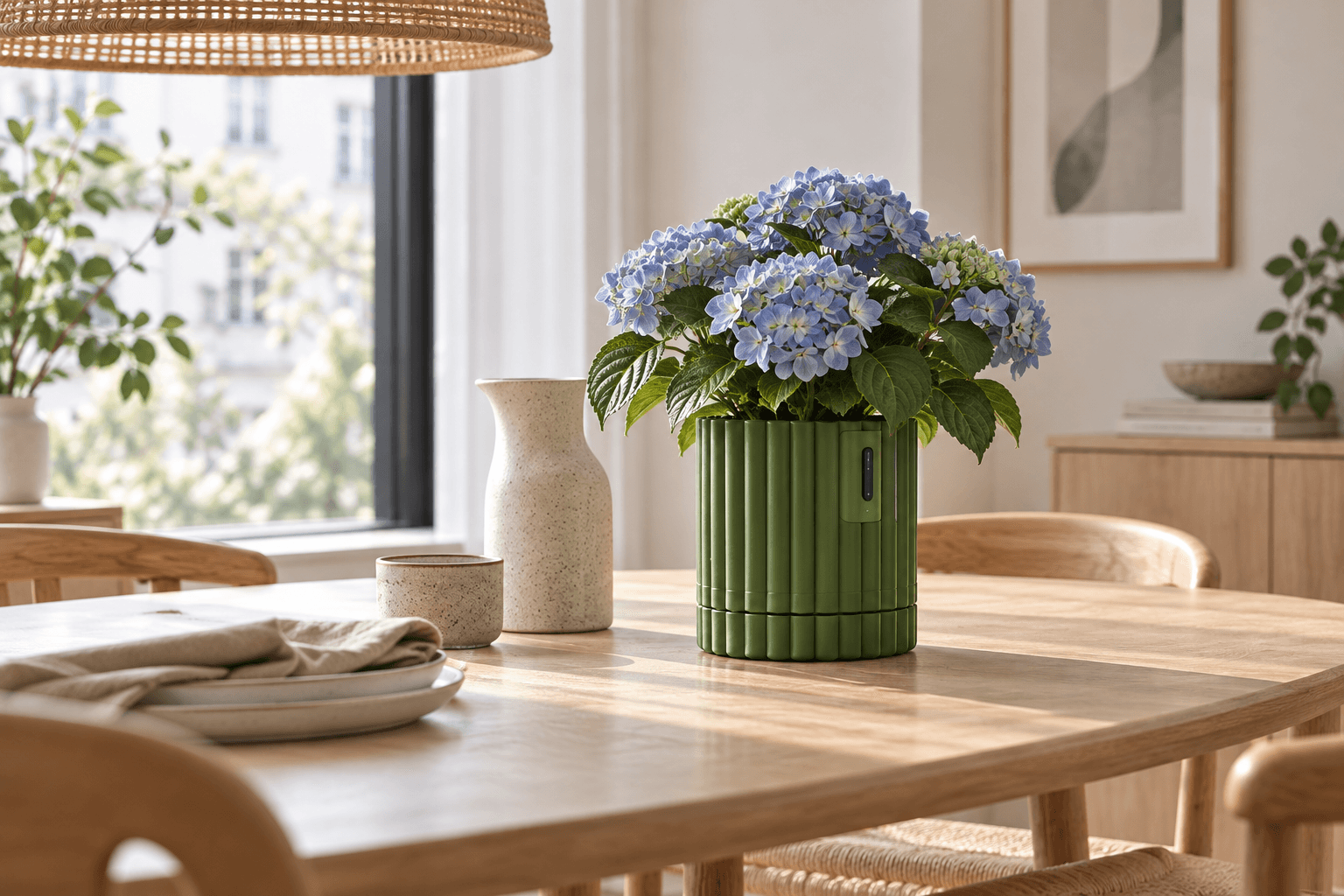 Chlora with blue hydrangeas in a bright dining room