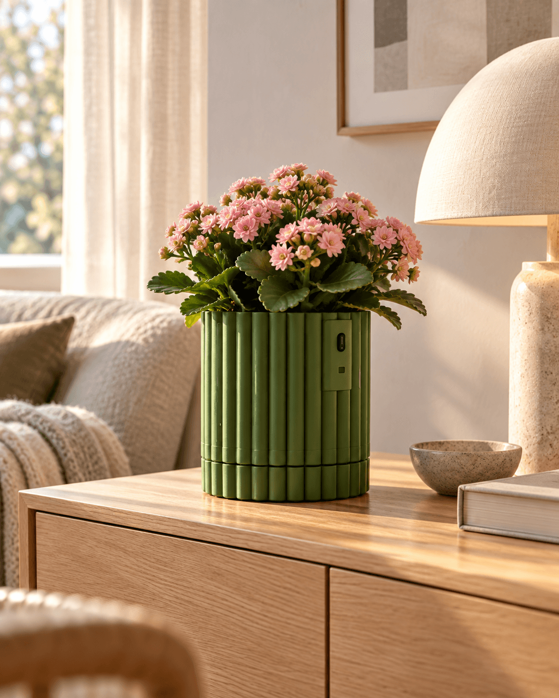 Chlora with pink kalanchoe in warm morning light
