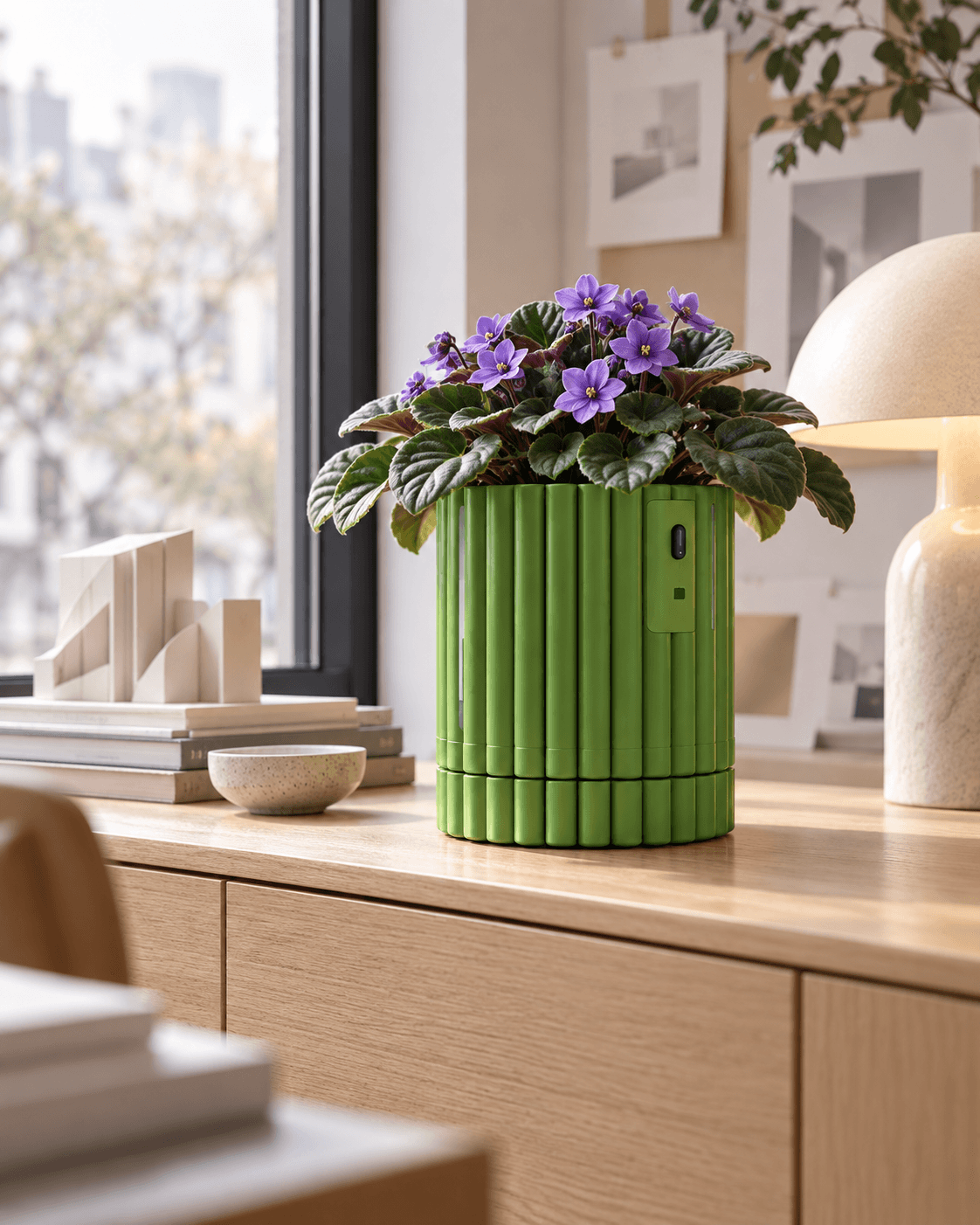 Chlora with purple violets on a warm wood console