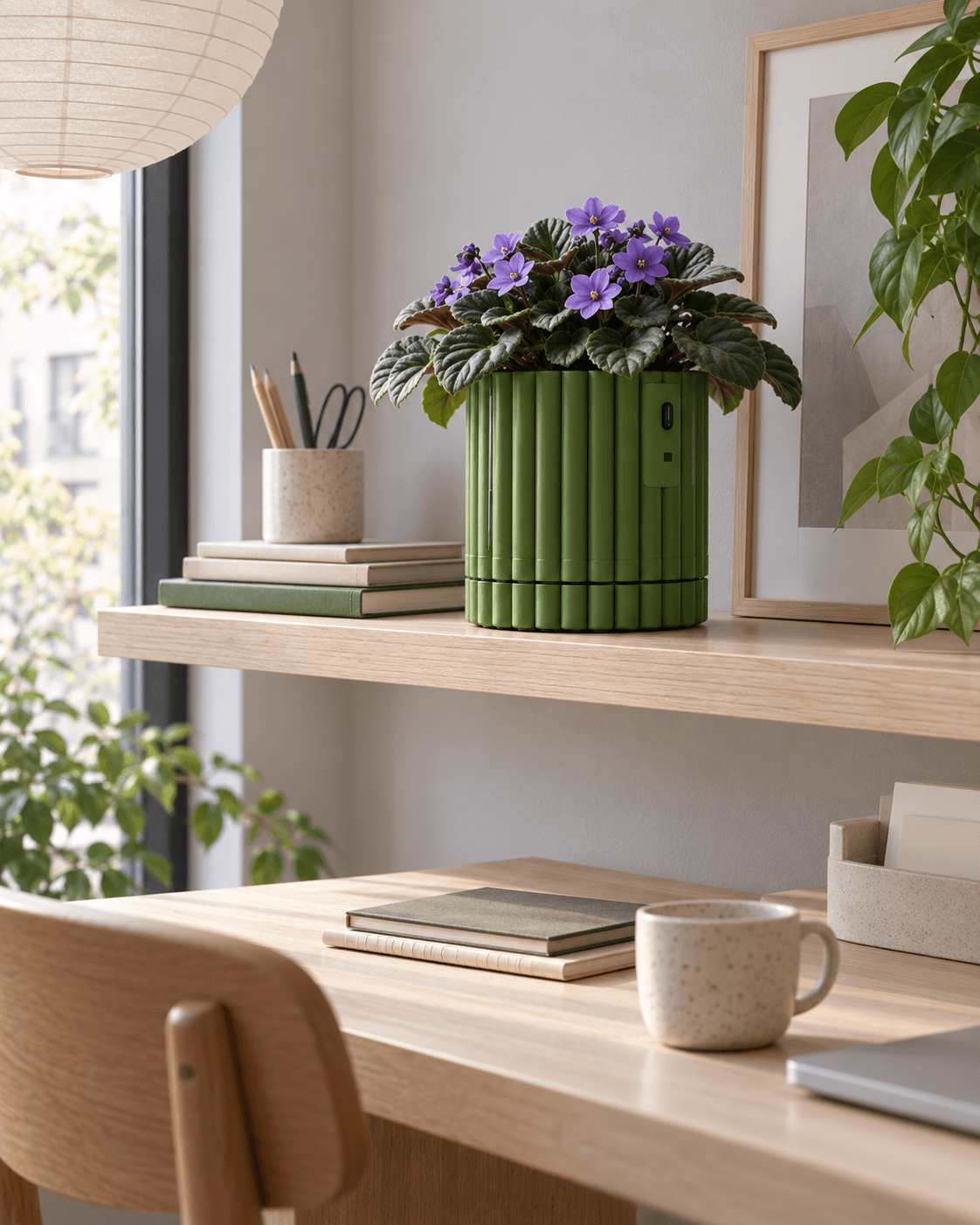 Chlora with purple violets in a home workspace