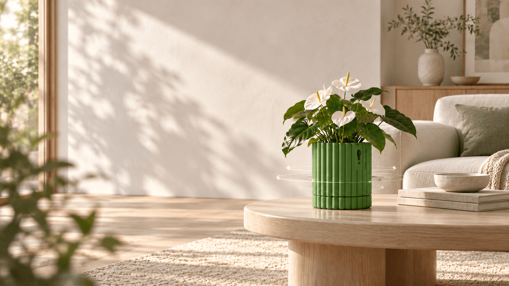 Dark green Chlora smart flower pot with a white anthurium in a warm Scandinavian living room