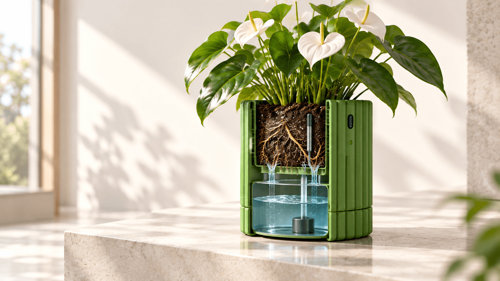 Cutaway view of a green automatic watering flower pot with roots, moisture probe, pump and lower reservoir