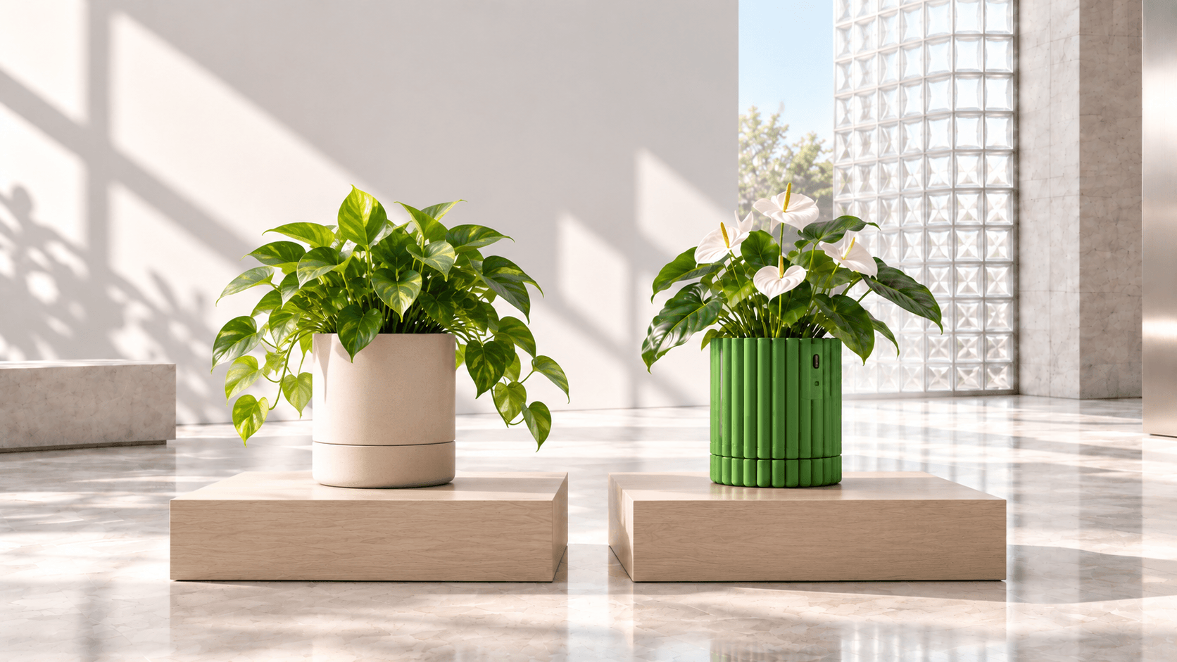 Passive self-watering pot and dark green Chlora smart planter displayed side by side in a Scandinavian interior