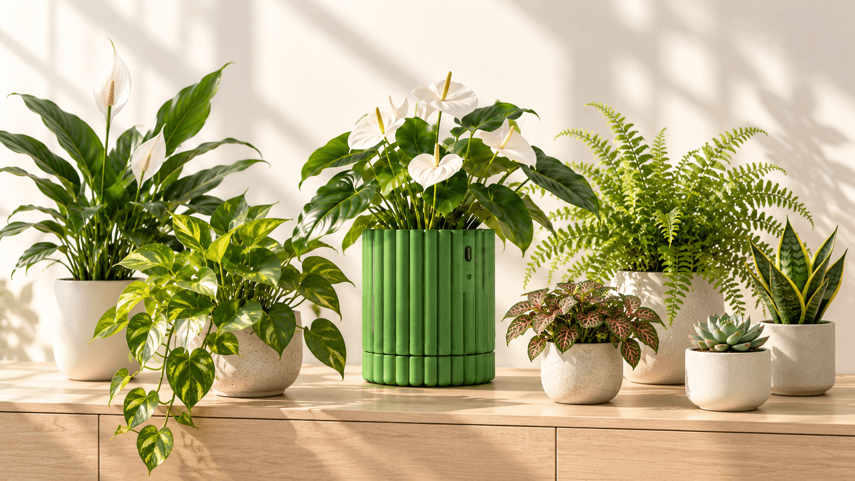 Collection of indoor plants around a dark green Chlora smart planter in a bright Scandinavian home